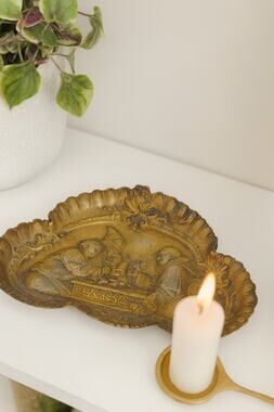 Vintage Brass Bronze Embossed Trinket Dish Catch-All Dish Monks Scalloped Edge
